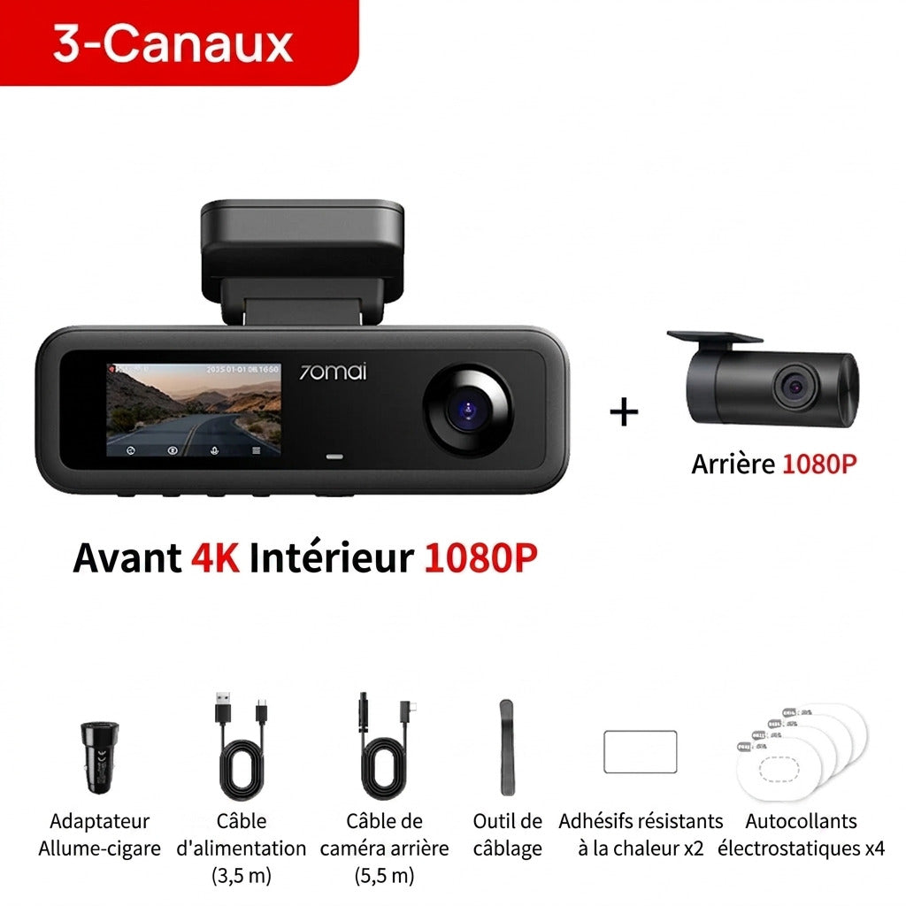 Dashcam Voiture 3 Canaux 4K — GPS, Vision Nocturne