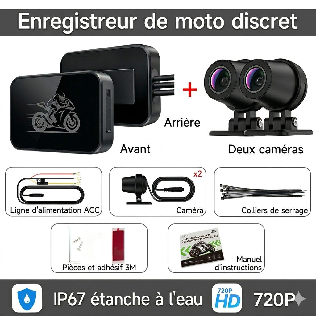 Dashcam Moto Double Caméra 720P — Étanche IPx67, Vision Nocturne & GPS