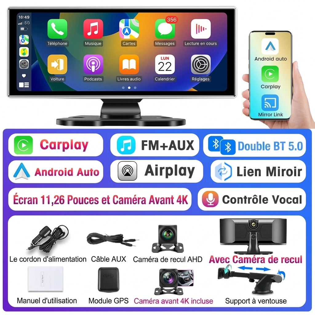 Dashcam Voiture 10,26" — CarPlay, Android Auto & Caméra Arrière