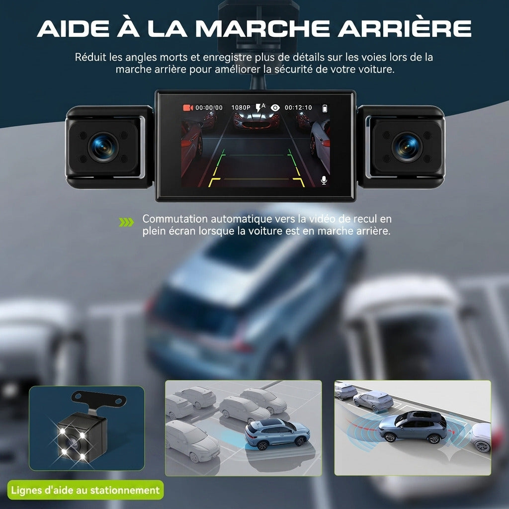 Dashcam Voiture 1080P 4 Caméras — Vision Nocturne, Aide au Recul & Détection