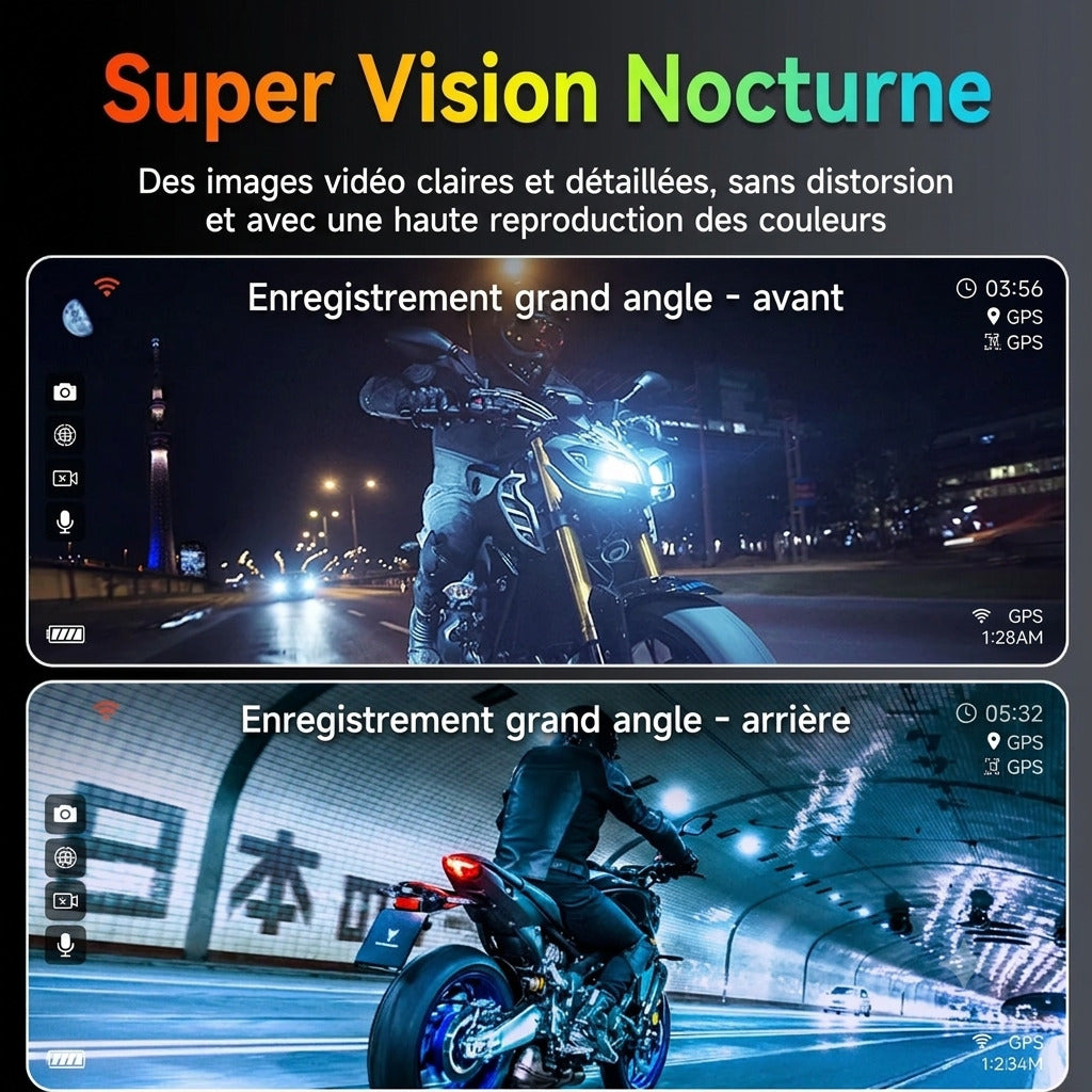 Dashcam Moto 7 pouces 2K — Carplay & Android Auto sans fil, Étanche IP67