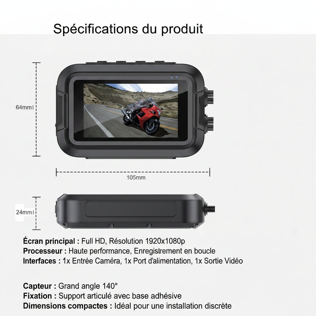 Dashcam Moto Full HD Dual 1080P, GPS & Étanche IP66