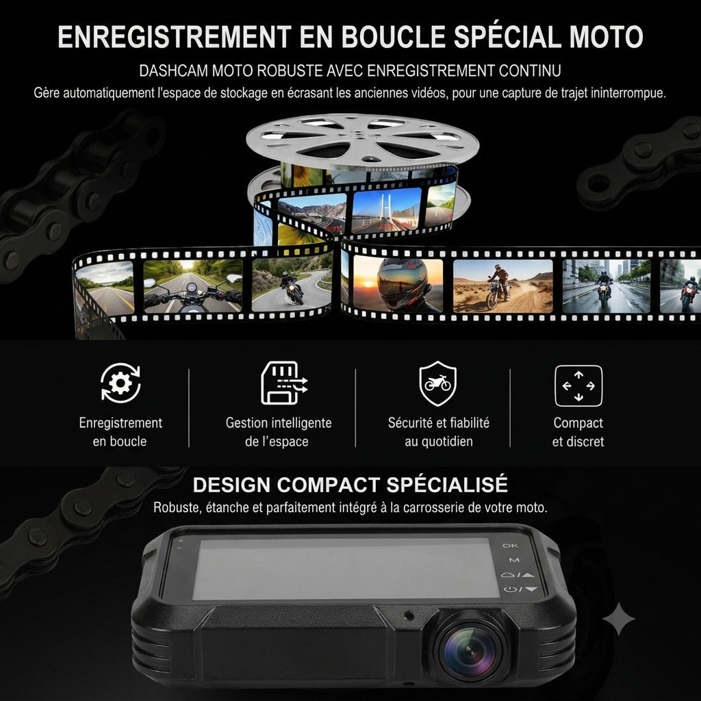 Dashcam Moto 720P — Double Caméra, Enregistrement en Boucle & Objectif Waterproof