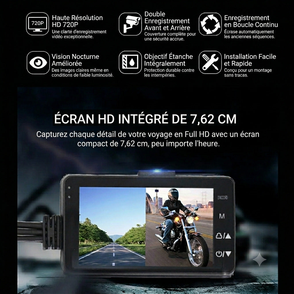 Dashcam Moto 720P — Double Caméra, Enregistrement en Boucle & Objectif Waterproof