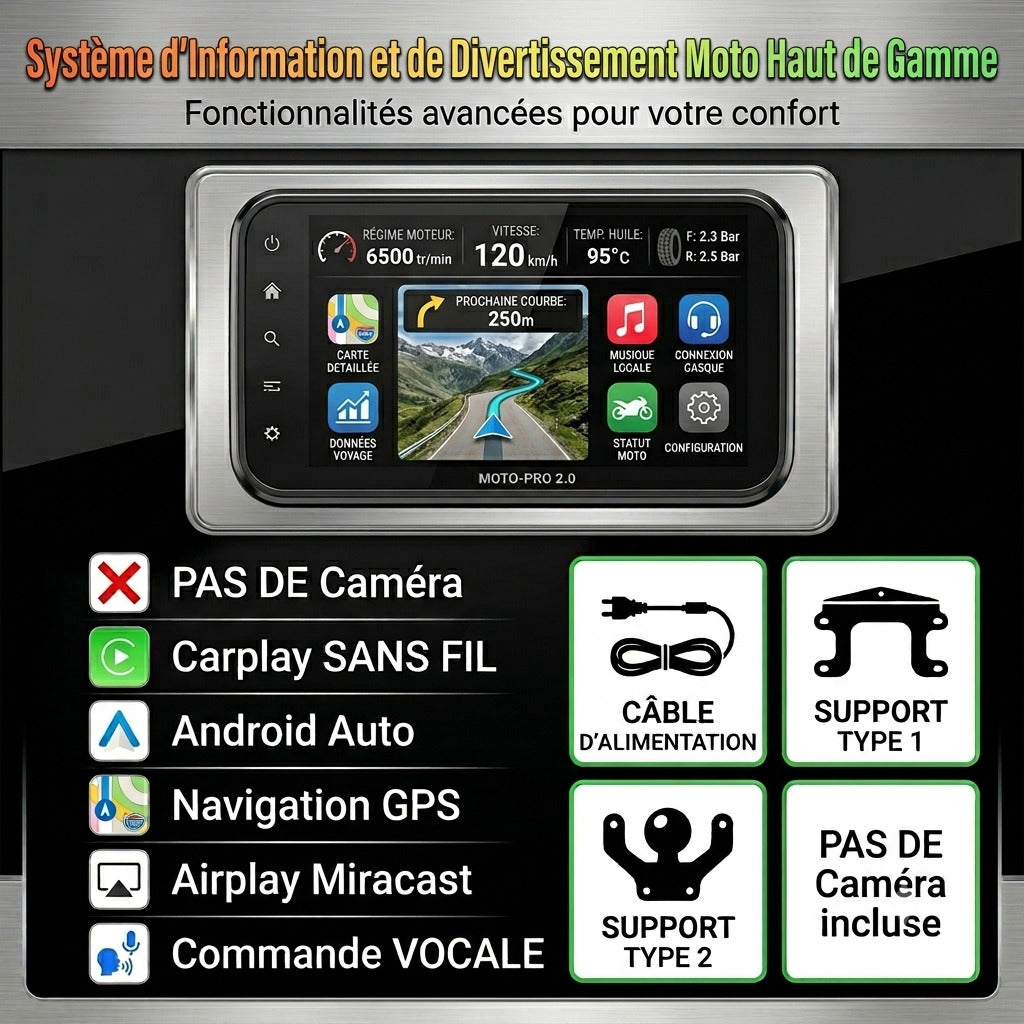 Dashcam Moto 7 pouces 2K — Carplay & Android Auto sans fil, Étanche IP67