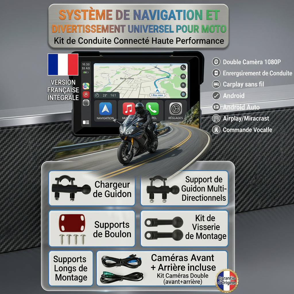 Dashcam Moto 7 pouces 2K — Carplay & Android Auto sans fil, Étanche IP67