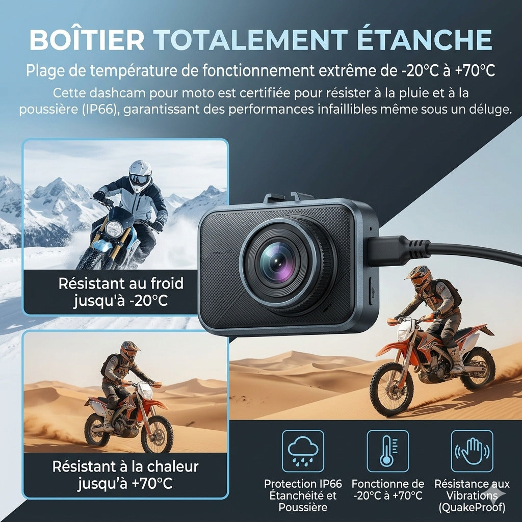 Dashcam Moto 2K, Stabilisation Électronique & Grand Angle 150°