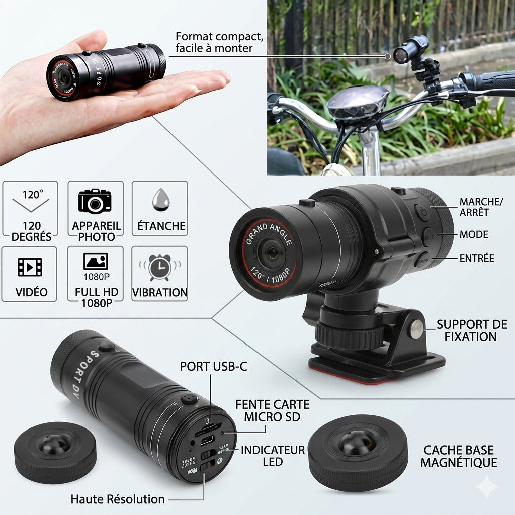 Dashcam Moto 1080P HD — Caméra Casque Étanche, Grand Angle 120°