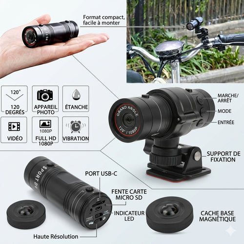 Dashcam Moto 1080P HD — Caméra Casque Étanche, Grand Angle 120°
