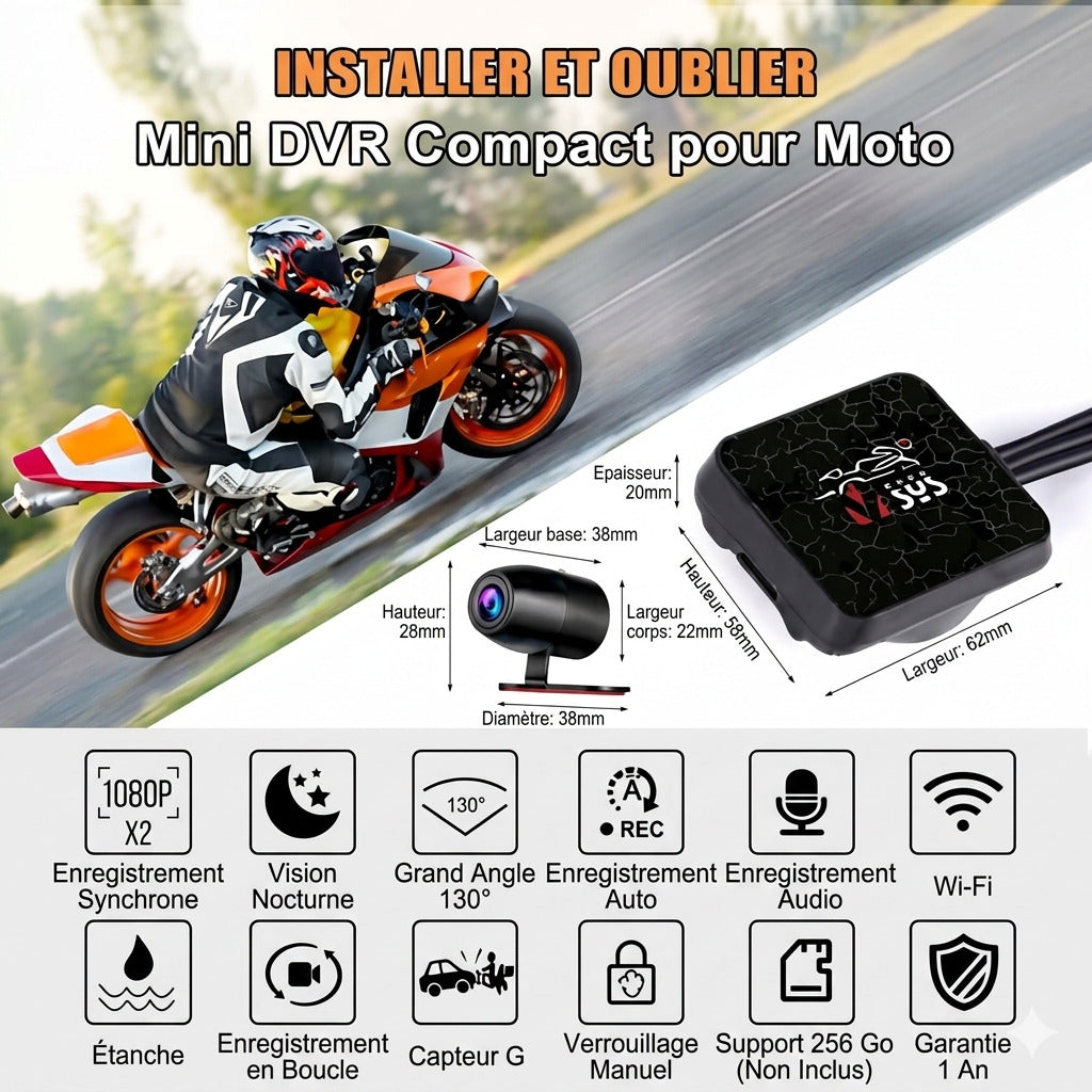 Dashcam Moto Dual Lens 1080P — Caméra Avant/Arrière, Vision Nocturne