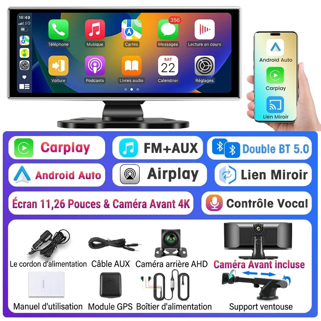 Dashcam Voiture 10,26" — CarPlay, Android Auto & Caméra Arrière