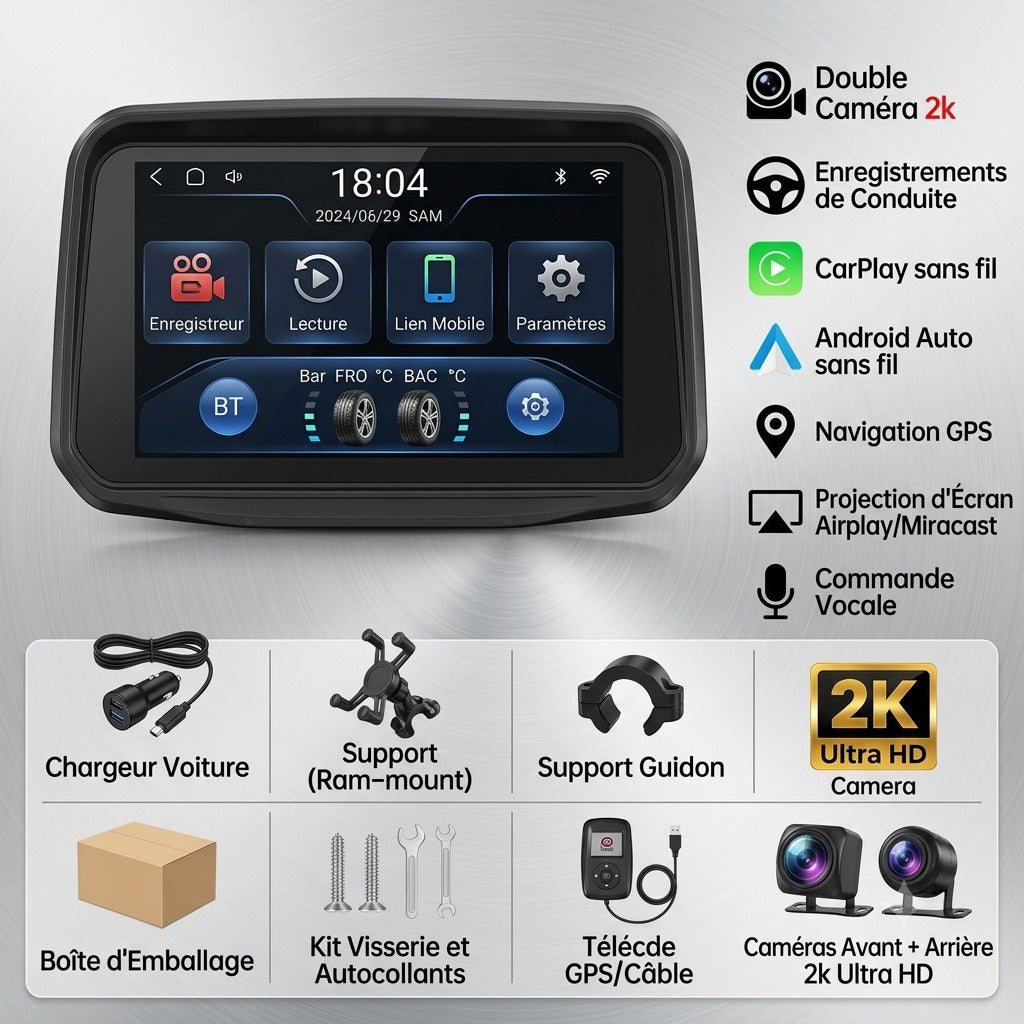 Dashcam Moto 7 pouces 2K — Carplay & Android Auto sans fil, Étanche IP67