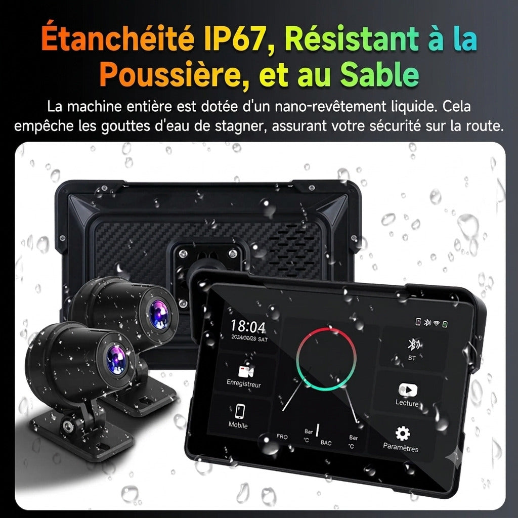 Dashcam Moto 7 pouces 2K — Carplay & Android Auto sans fil, Étanche IP67