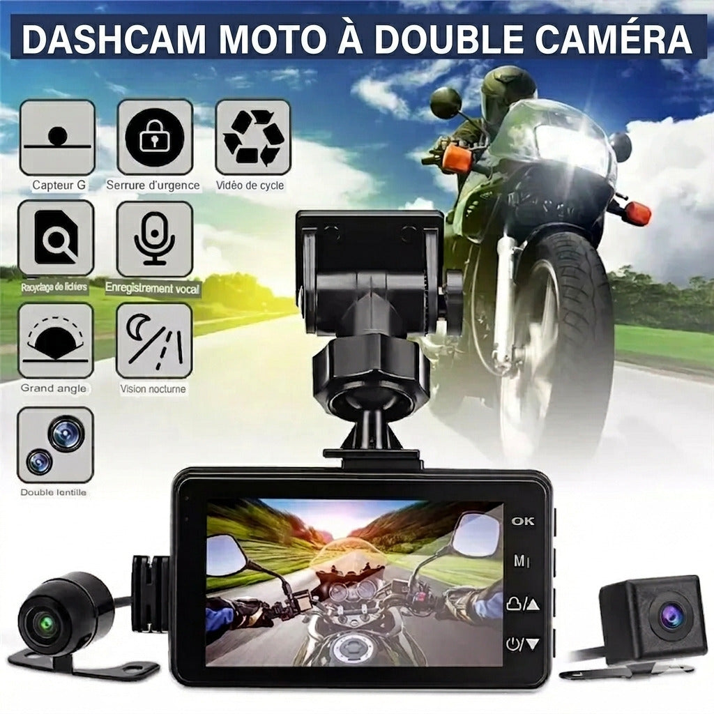 Dashcam Moto Double Caméra Avant/Arrière avec Détection de Choc et Enregistrement en Boucle