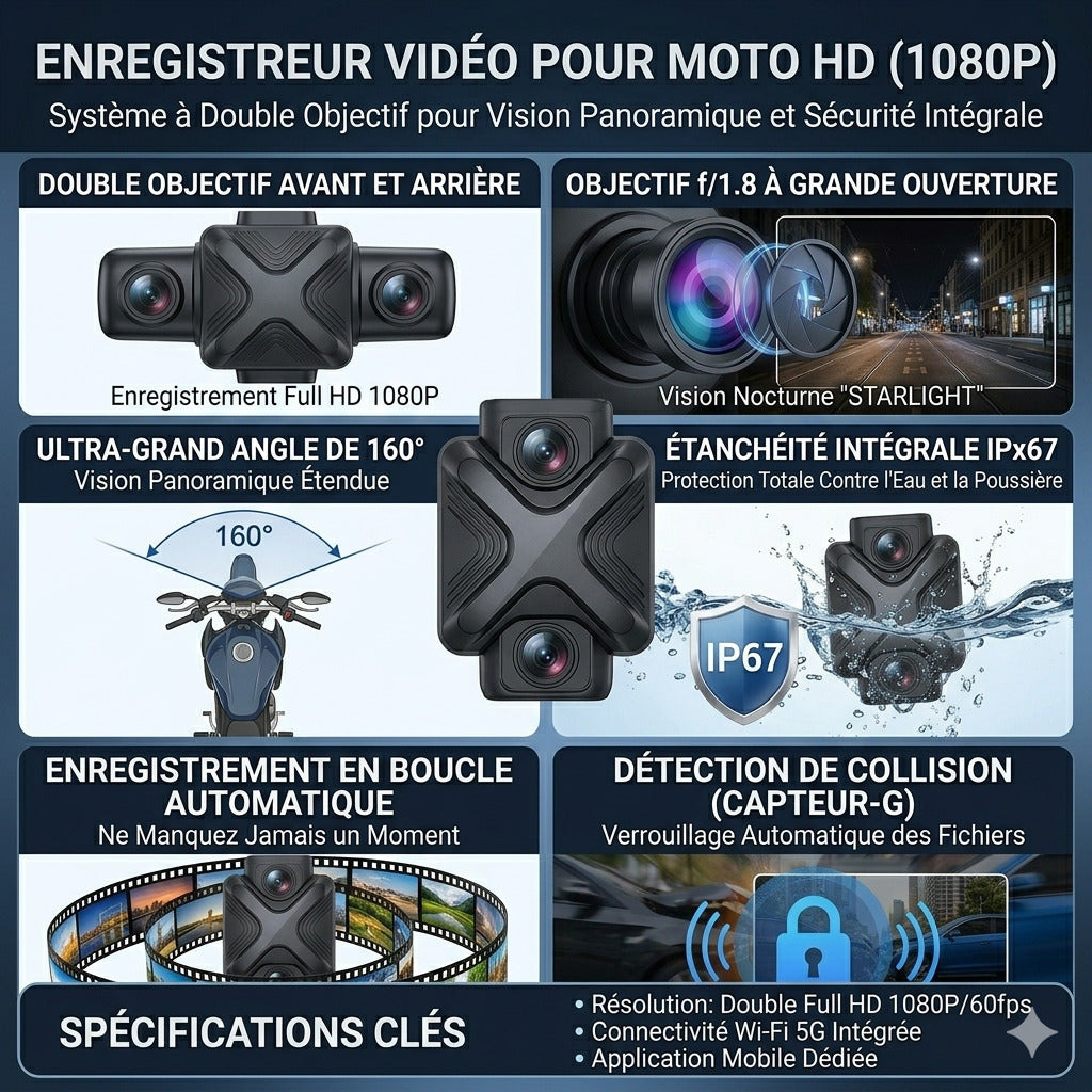 Dashcam Moto 1080P — Double Caméra 160°, Étanche & Enregistrement Continu