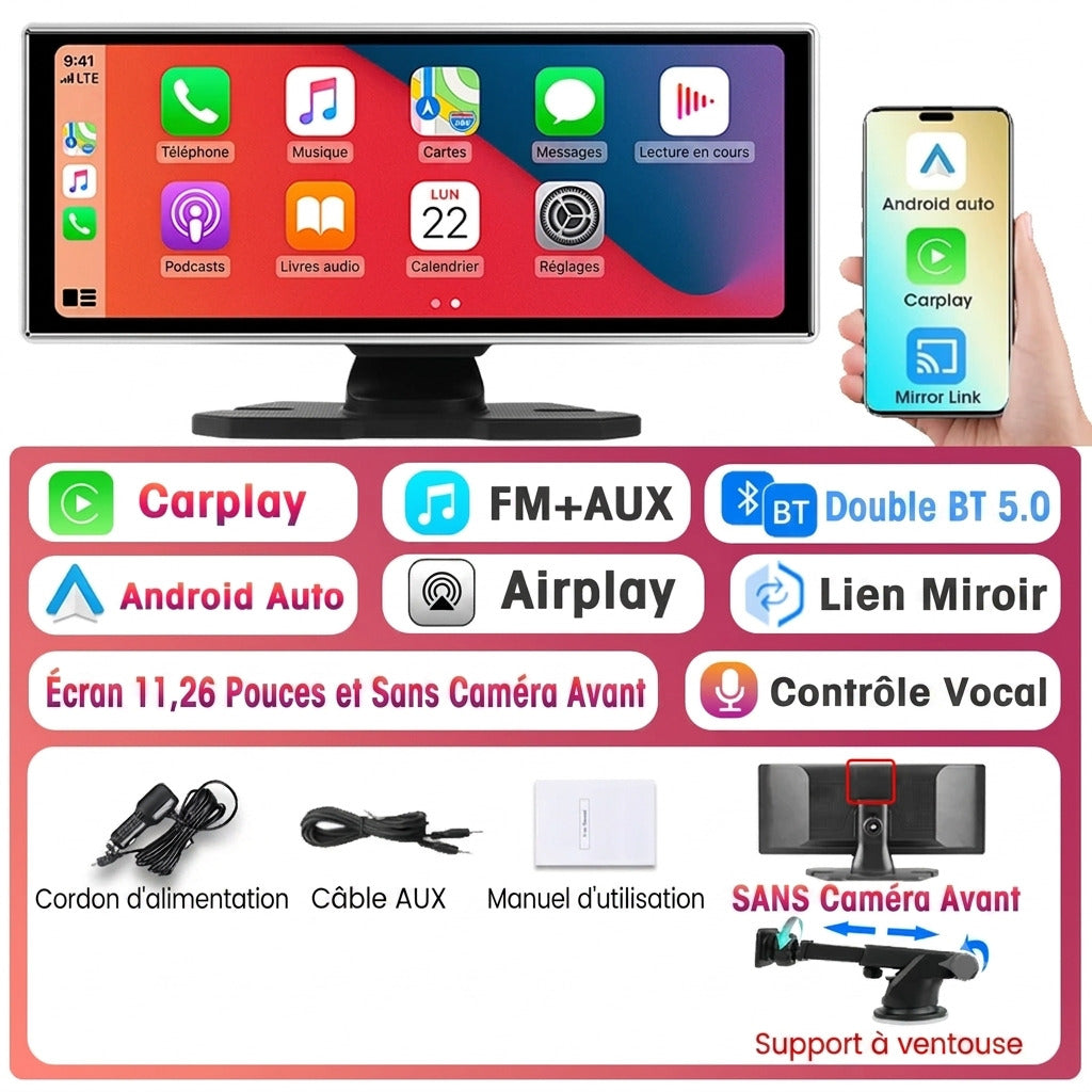 Dashcam Voiture 10,26" — CarPlay, Android Auto & Caméra Arrière