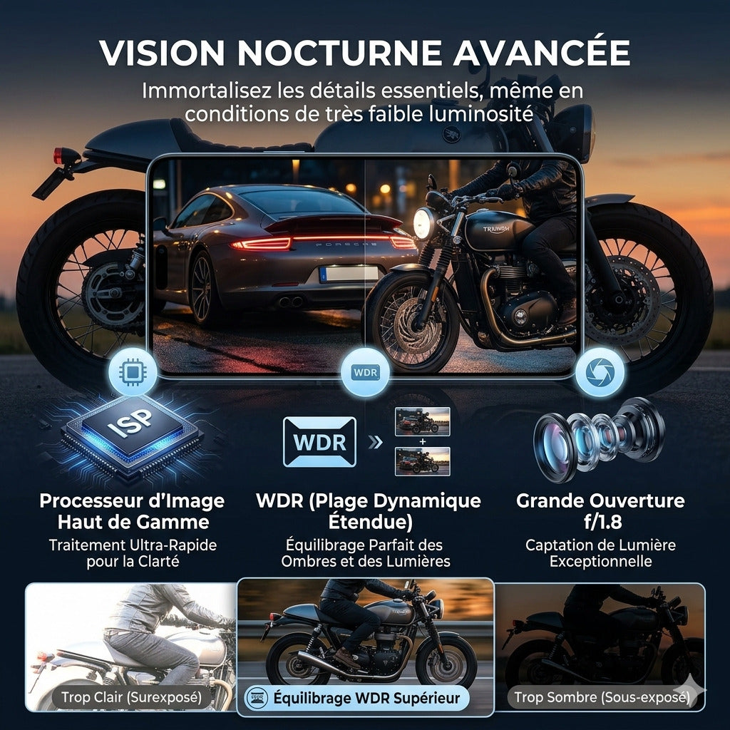 Dashcam Moto 2K, Stabilisation Électronique & Grand Angle 150°