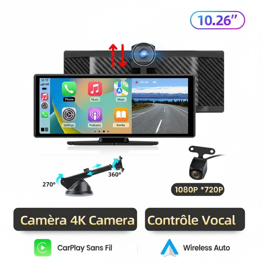 Dashcam Voiture 4K avec Caméra Arrière 1080P, CarPlay Sans Fil