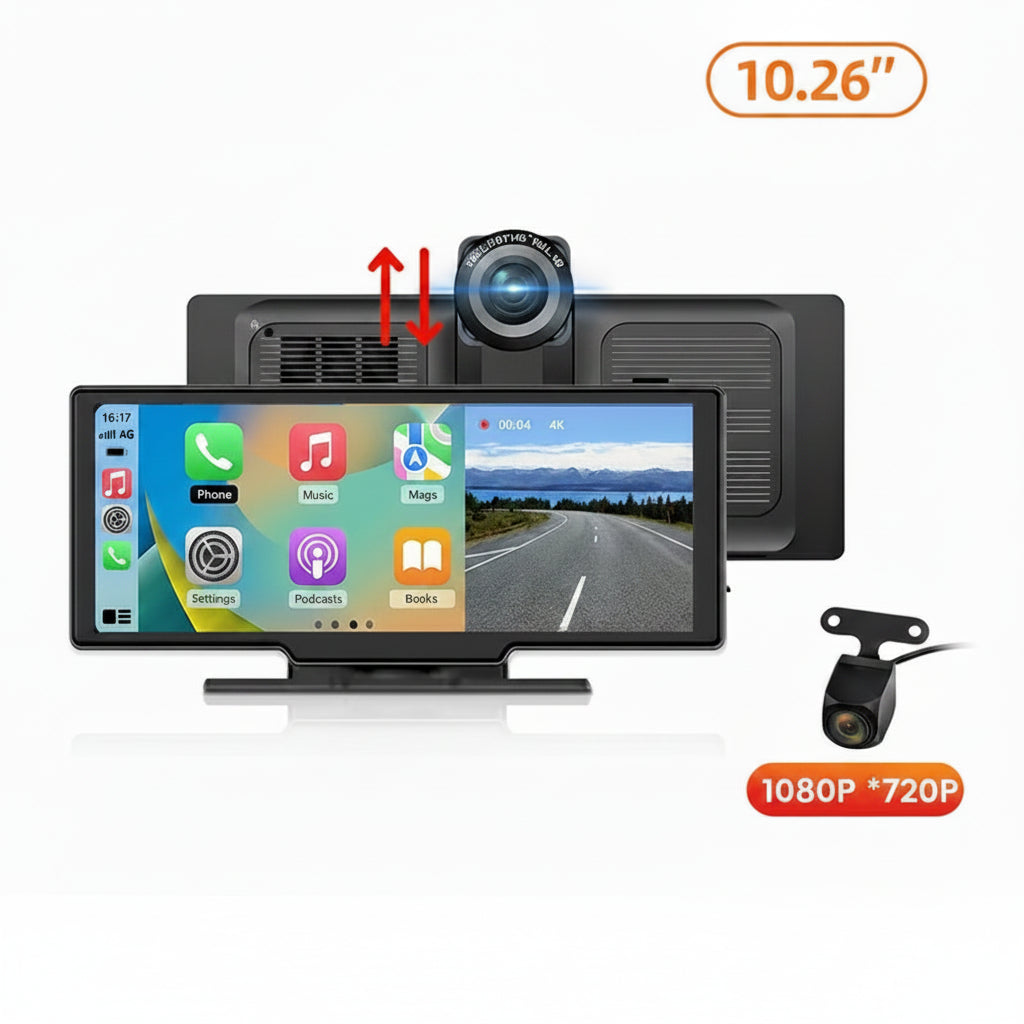 Dashcam Voiture 4K avec Caméra Arrière 1080P, CarPlay Sans Fil