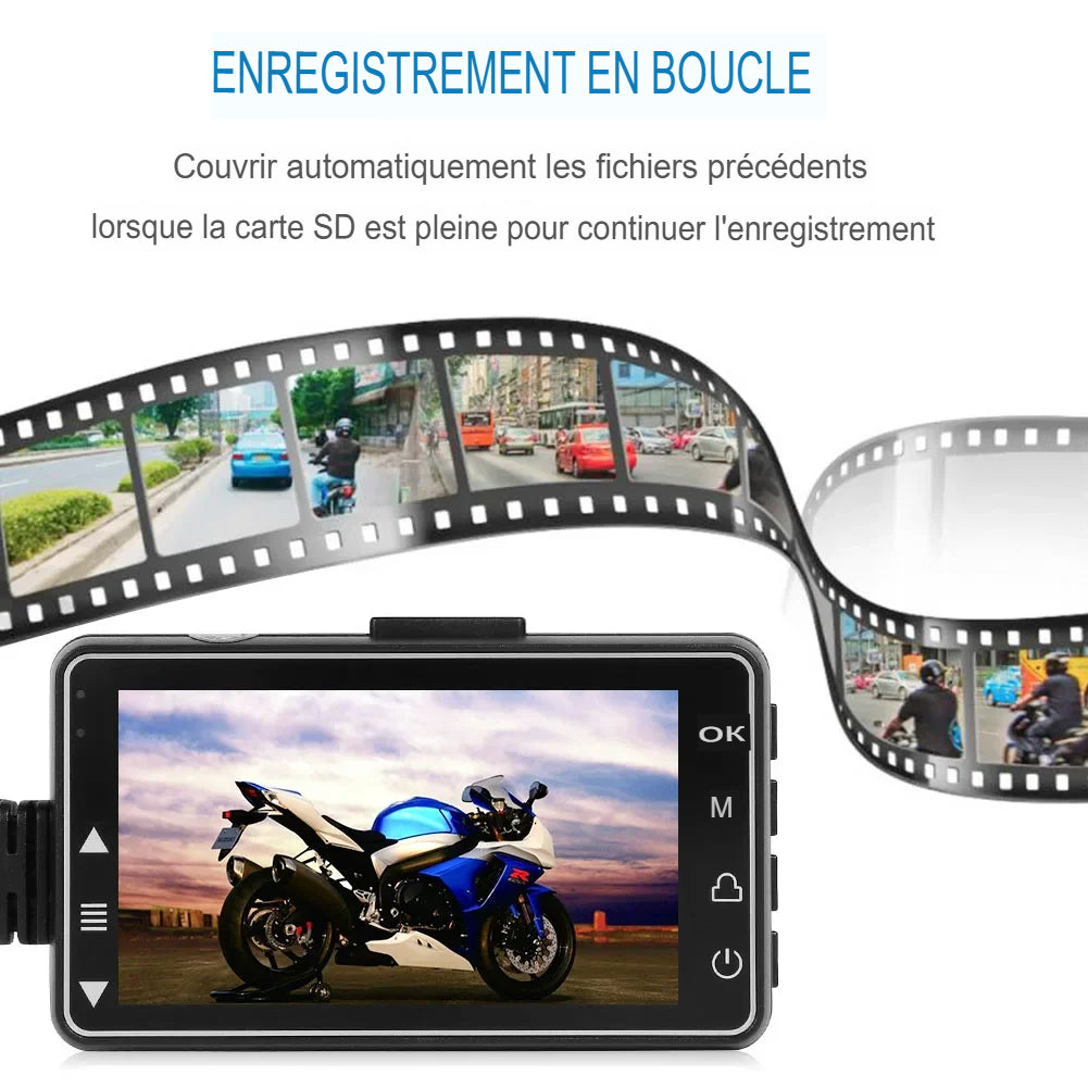 Dashcam Moto Double Caméra Avant/Arrière avec Détection de Choc et Enregistrement en Boucle