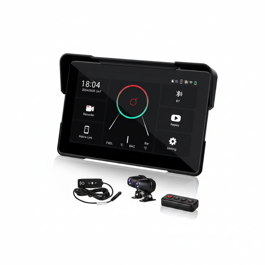 Dashcam Moto 7 pouces 2K — Carplay & Android Auto sans fil, Étanche IP67