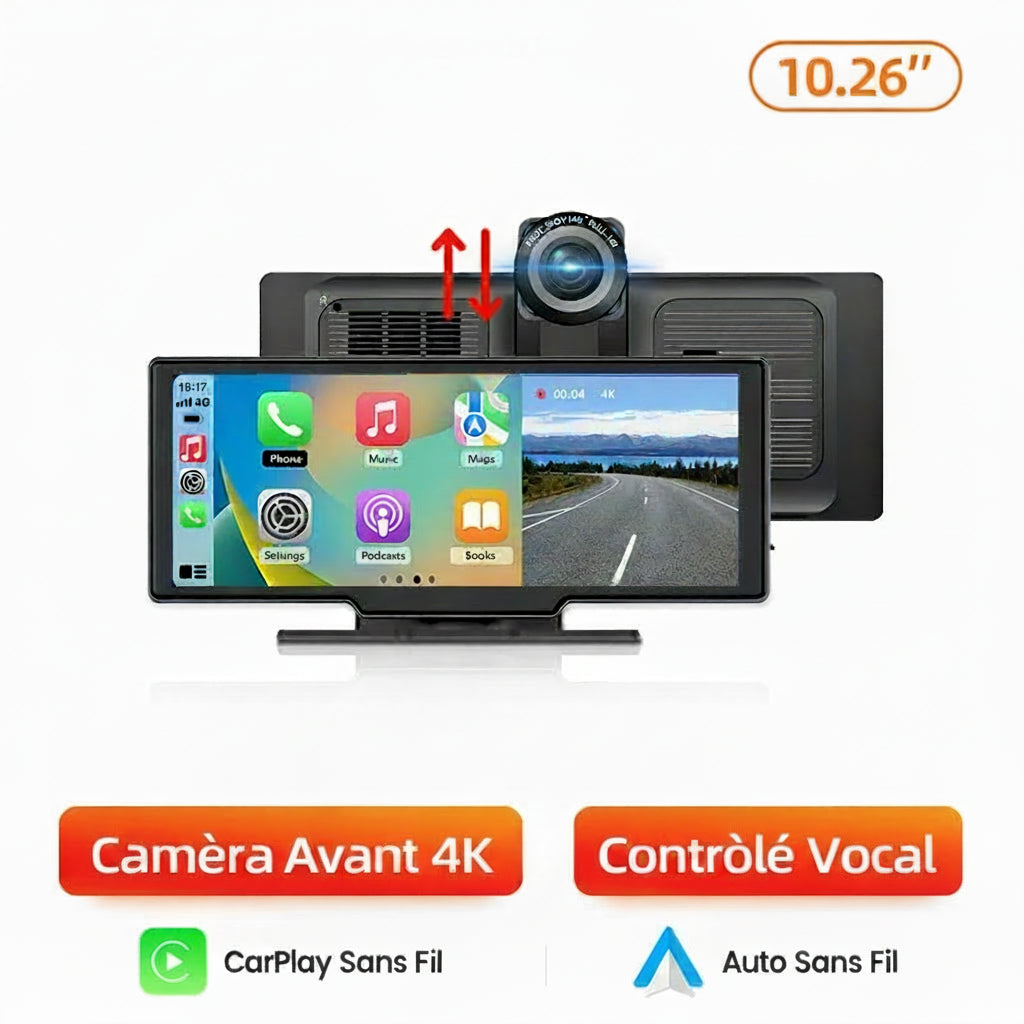 Dashcam Voiture 4K avec Caméra Arrière 1080P, CarPlay Sans Fil