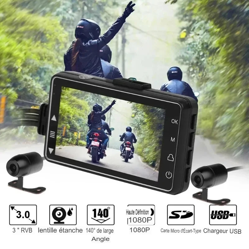 Dashcam Moto Double Caméra Avant/Arrière avec Détection de Choc et Enregistrement en Boucle