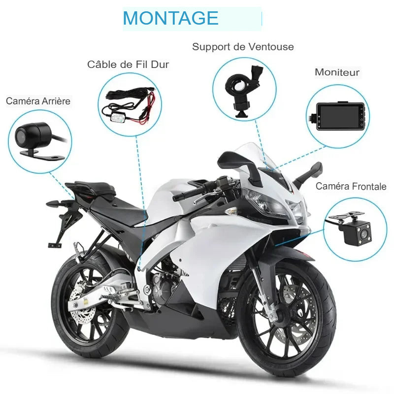 Dashcam Moto Double Caméra Avant/Arrière avec Détection de Choc et Enregistrement en Boucle