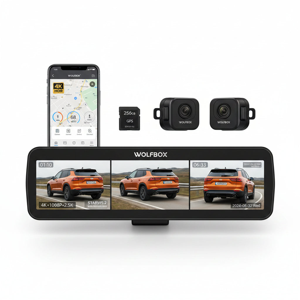 Dashcam Voiture 4K Tri-Vue — Écran Tactile 12" & Vision Nocturne