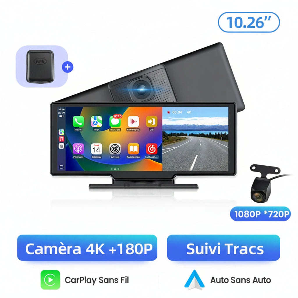 Dashcam Voiture 4K avec Caméra Arrière 1080P, CarPlay Sans Fil