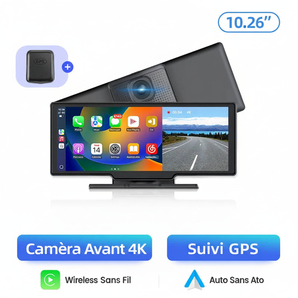 Dashcam Voiture 4K avec Caméra Arrière 1080P, CarPlay Sans Fil