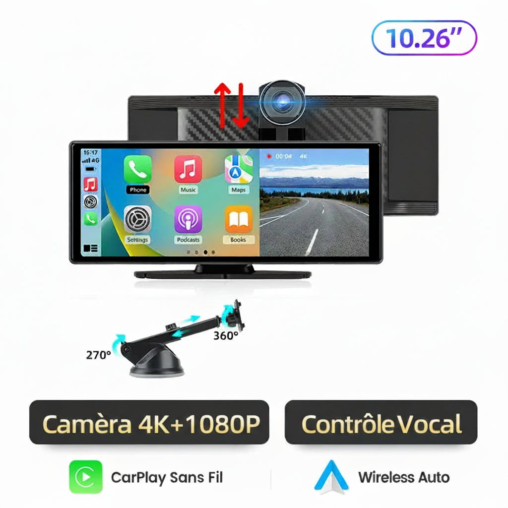 Dashcam Voiture 4K avec Caméra Arrière 1080P, CarPlay Sans Fil