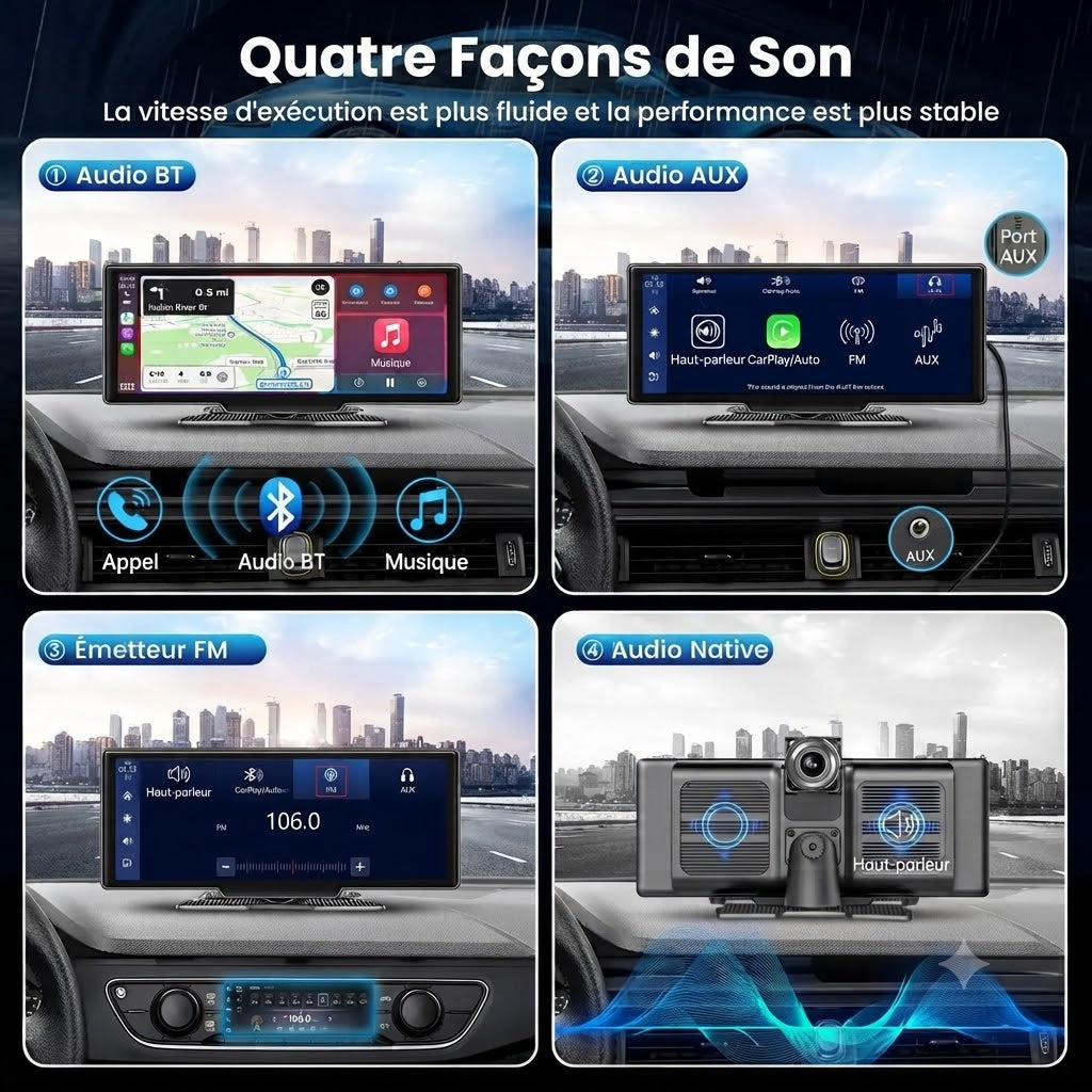 Dashcam Voiture 4K 10,26" CarPlay Sans Fil avec Caméra Arrière et GPS