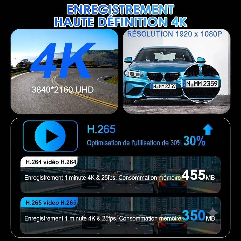 Dashcam Voiture Rétroviseur 4K — Caméra Arrière & CarPlay Sans Fil