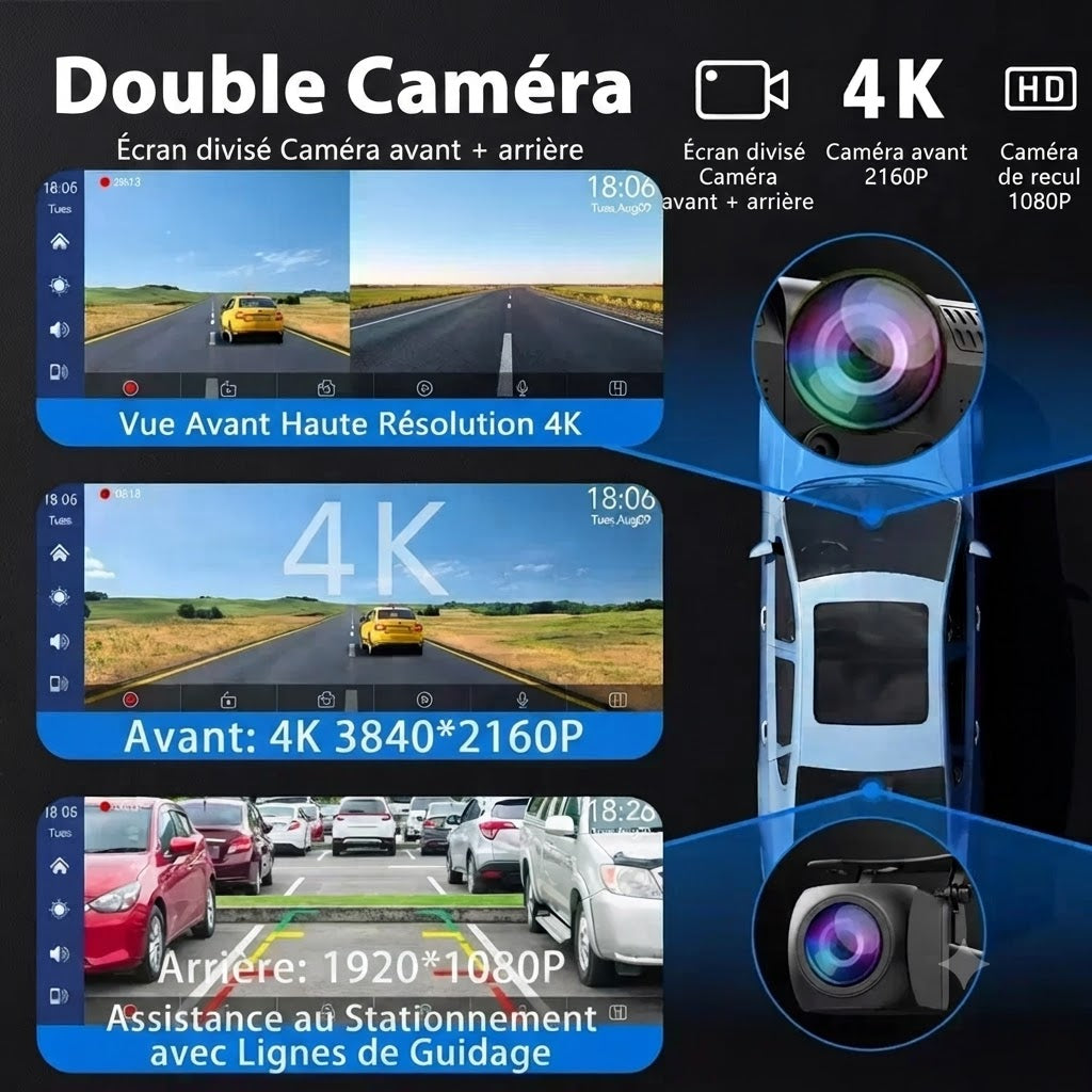Dashcam Voiture 4K Écran Tactile 10.26" — CarPlay Sans Fil & Vision Nocturne