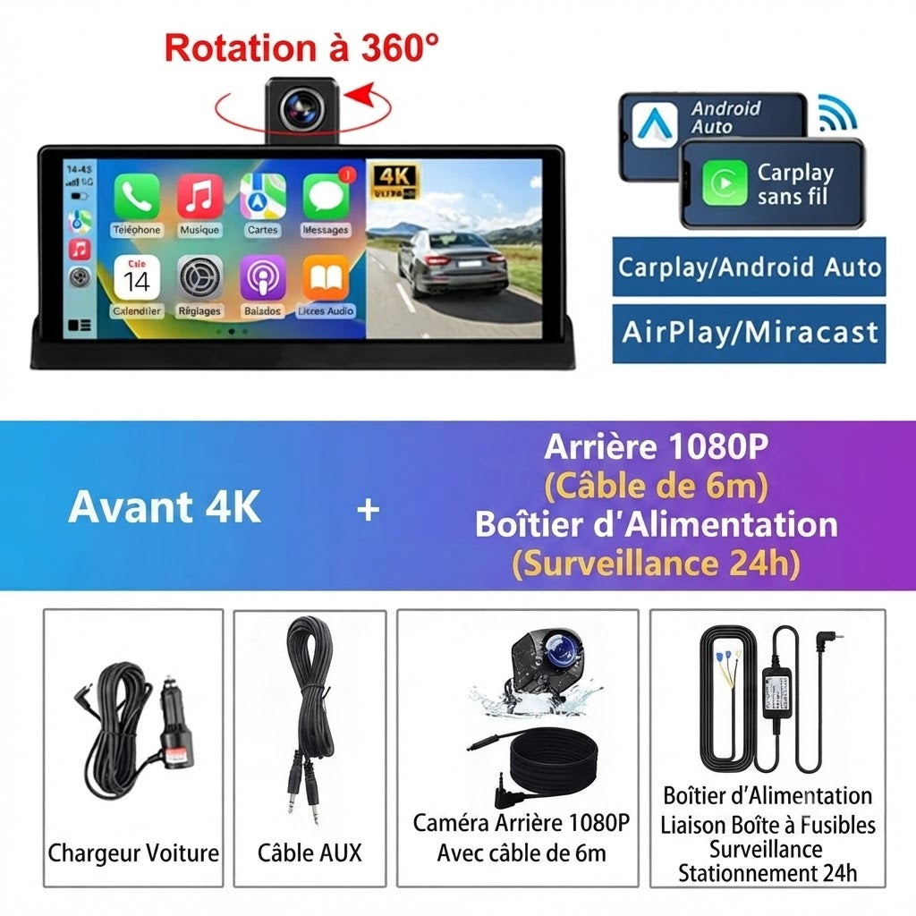 Dashcam Voiture 4K Écran Tactile 10.26" — CarPlay Sans Fil & Vision Nocturne