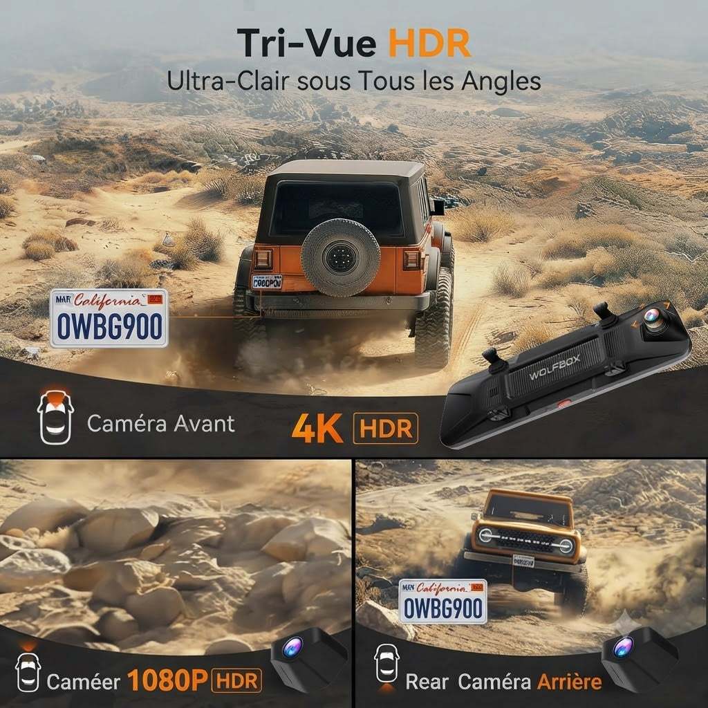 Dashcam Voiture 4K Tri-Vue — Écran Tactile 12" & Vision Nocturne