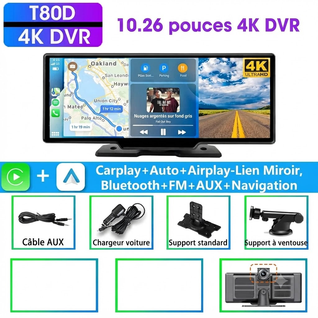 Dashcam Voiture 4K 10,26" CarPlay Sans Fil avec Caméra Arrière et GPS