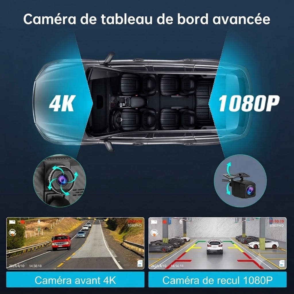Dashcam Voiture 4K avec Caméra Arrière 1080P, CarPlay Sans Fil