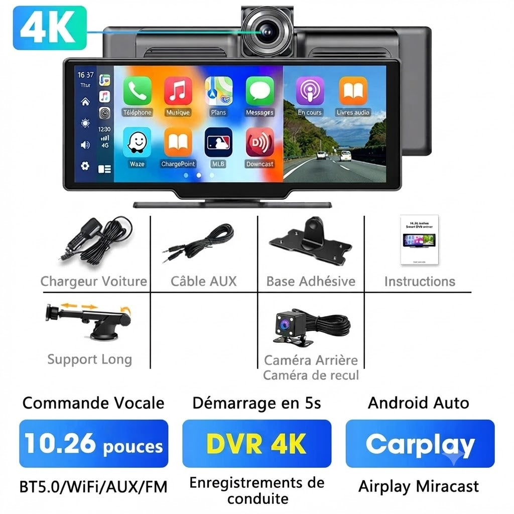 Dashcam Voiture 4K avec Écran Tactile 10,26" — Caméra Arrière & CarPlay Sans Fil