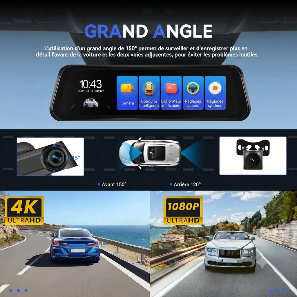 Dashcam Voiture 4K — Rétroviseur Tactile, Caméra Arrière & GPS