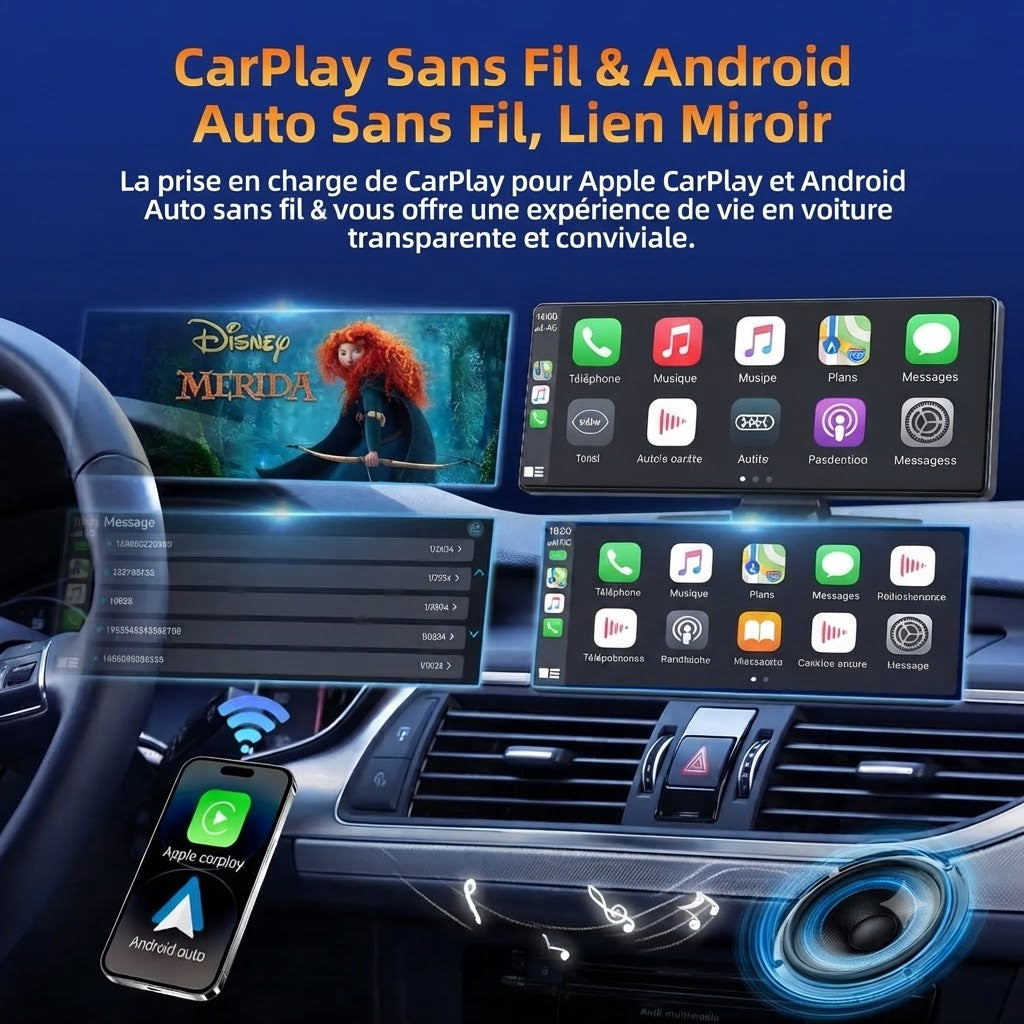 Dashcam Voiture 4K 10,26" CarPlay Sans Fil avec Caméra Arrière et GPS