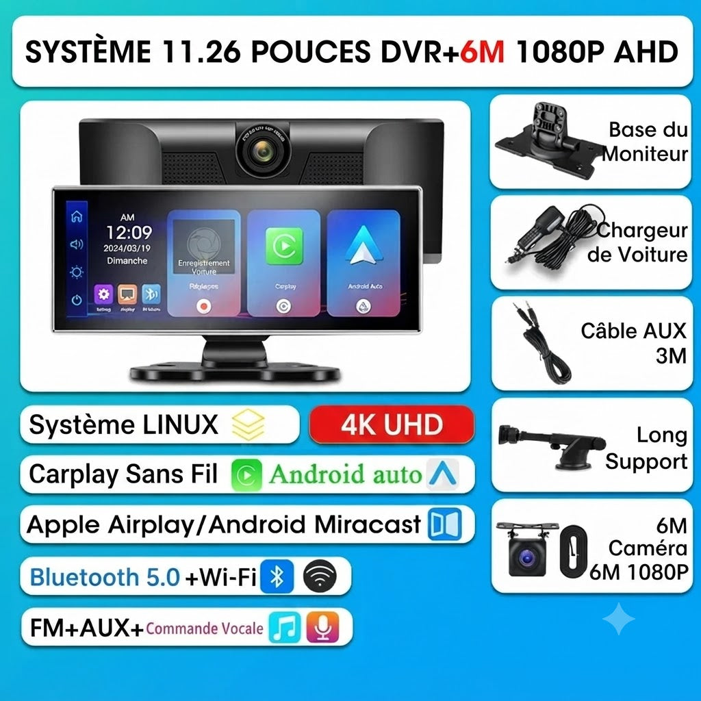 Dashcam Voiture Rétroviseur 4K — Caméra Arrière & CarPlay Sans Fil