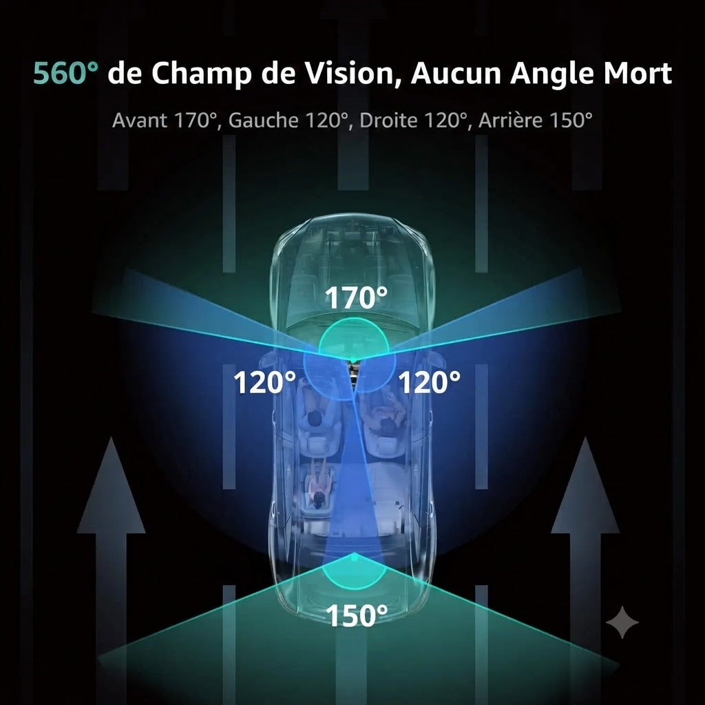 Dashcam Voiture 4K 4 Caméras 560° — Vision Nocturne, GPS