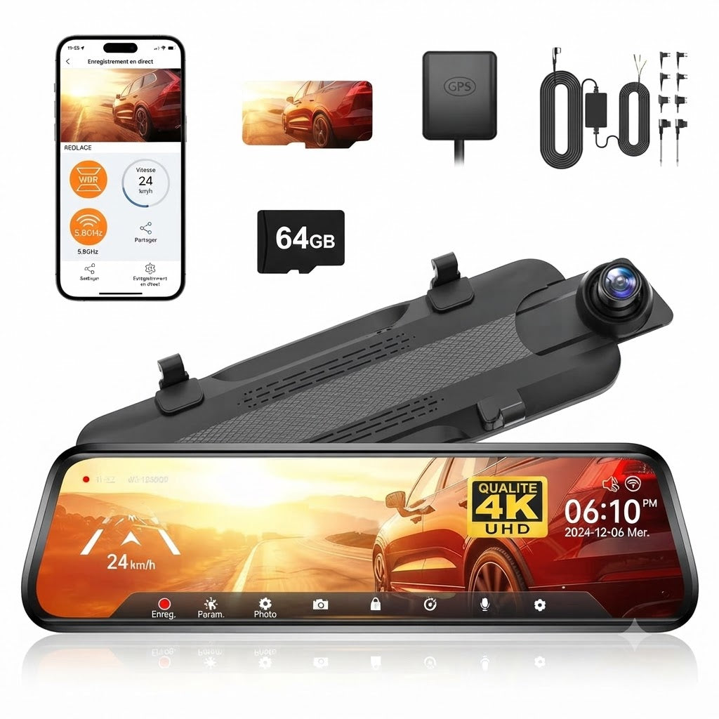 Dashcam Voiture Miroir 4K — Caméra Arrière, GPS & Vision Nocturne