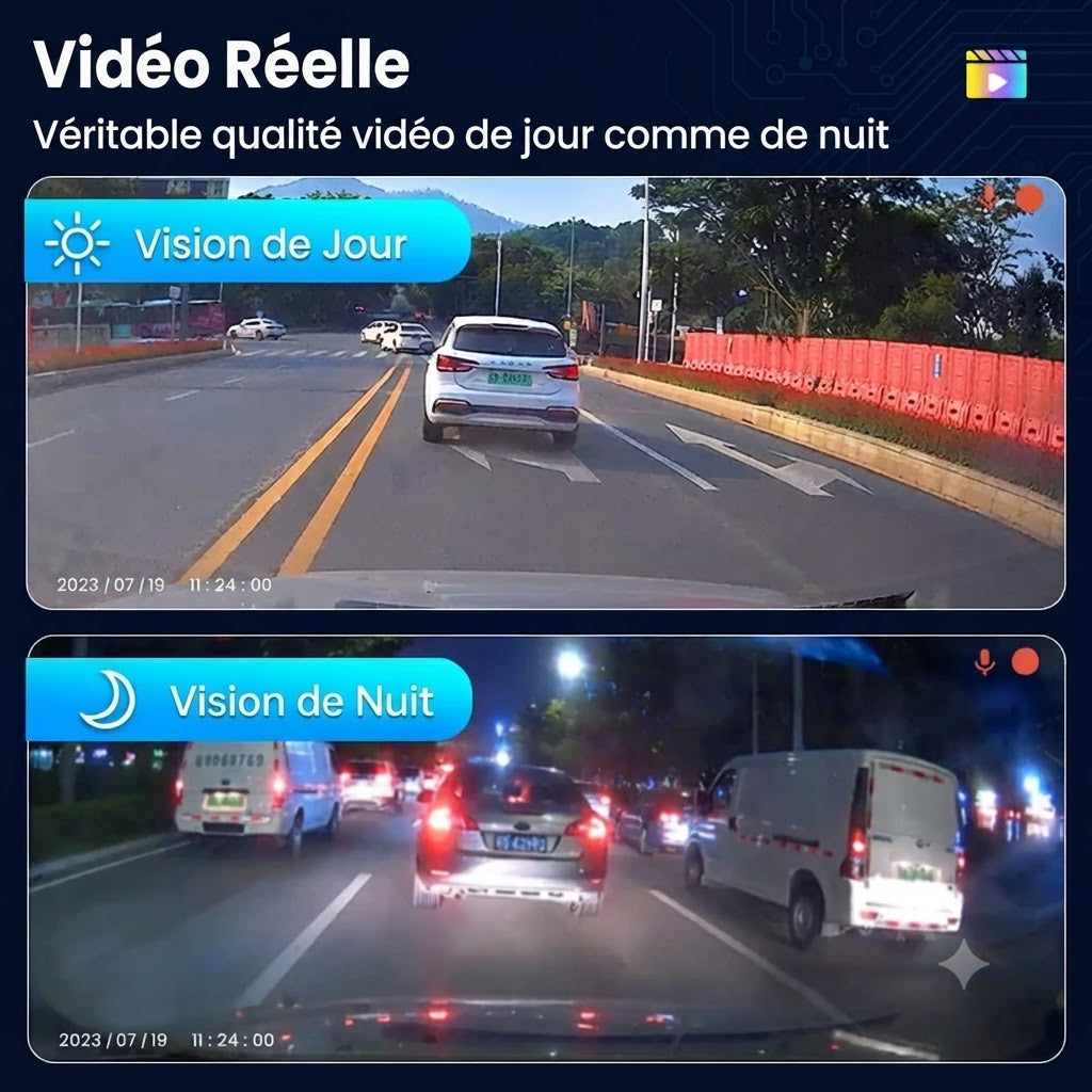 Dashcam Voiture Double Caméra — Vision Nocturne, ADAS & Étanche