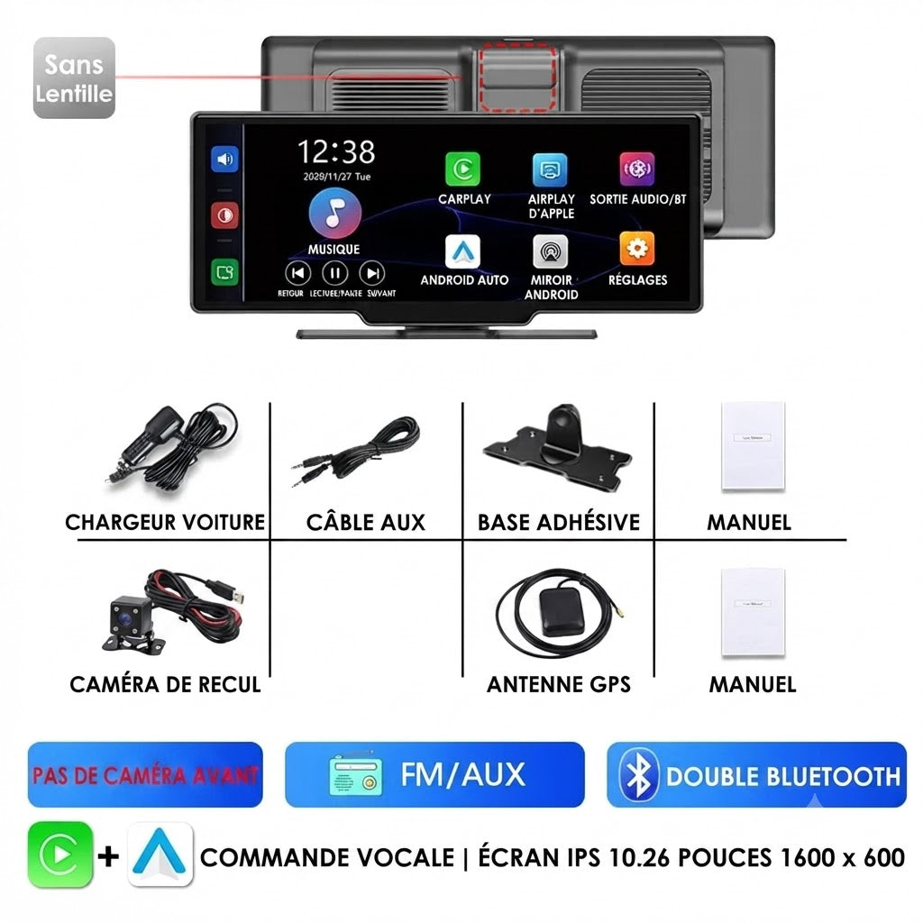 Dashcam Voiture 4K avec Écran Tactile 10,26" — Caméra Arrière & CarPlay Sans Fil