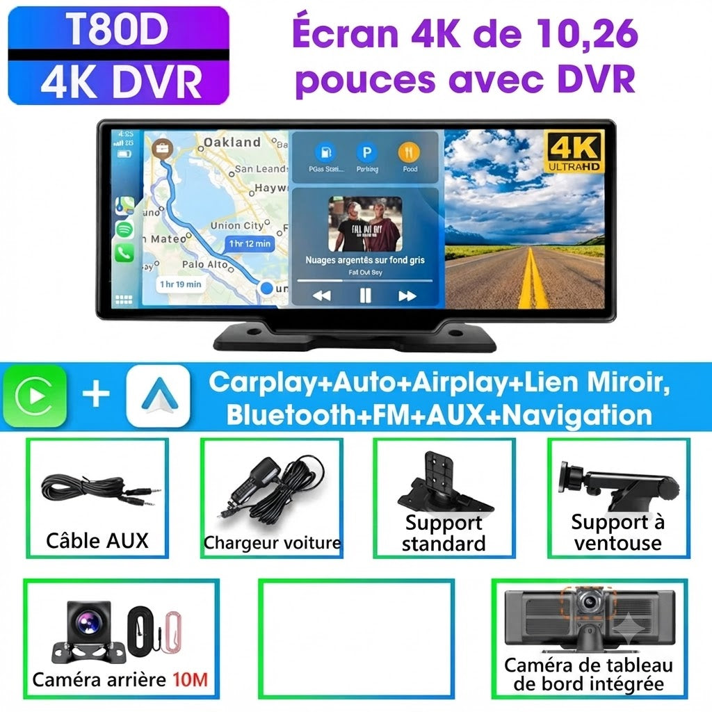 Dashcam Voiture 4K 10,26" CarPlay Sans Fil avec Caméra Arrière et GPS