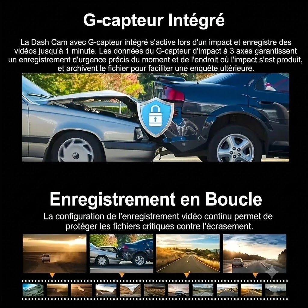 Dashcam Voiture Double Caméra Full HD — Vision Nocturne & Enregistrement en Boucle