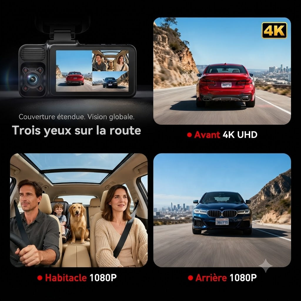 Dashcam Voiture 4K UHD — Triple Caméra, Vision Nocturne & GPS